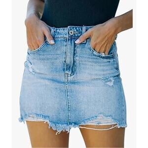 Gobles Mid Waist Zipper Closure Frayed Raw Hem Ripped Mini Denim Skirt Medium